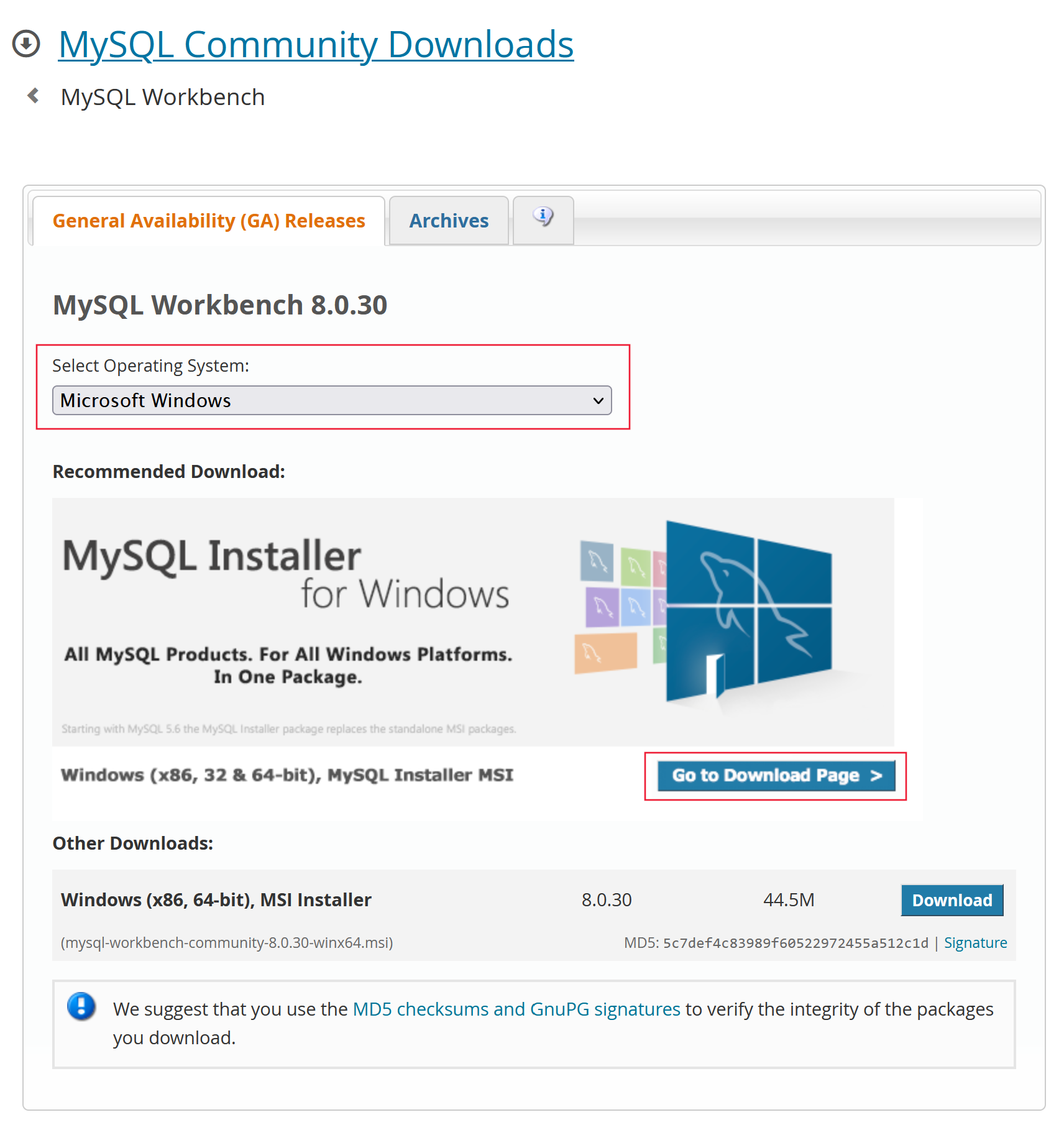 Schermopname van de pagina MySQL Community Downloads voor MySQL Workbench.