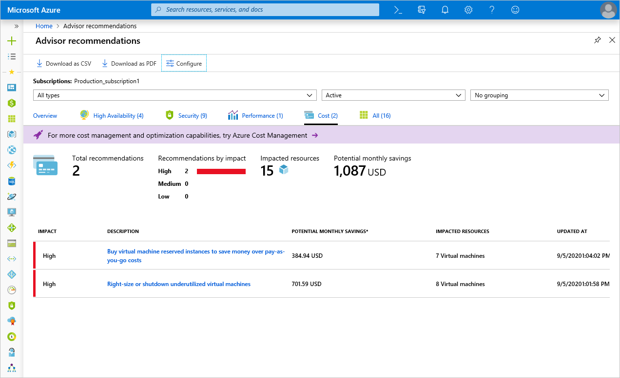 Screenshot of Azure portal Advisor recommendations blade with the cost recommendations. Currently there are two high-impact VM recommendations for using reserved instances, and right-size or shutdown of underutilized VMs.