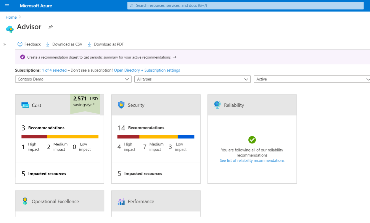 Screenshot of Azure portal Advisor blade with five category boxes for recommendations: Cost, Security, Reliability, Operational excellence, and Performance.