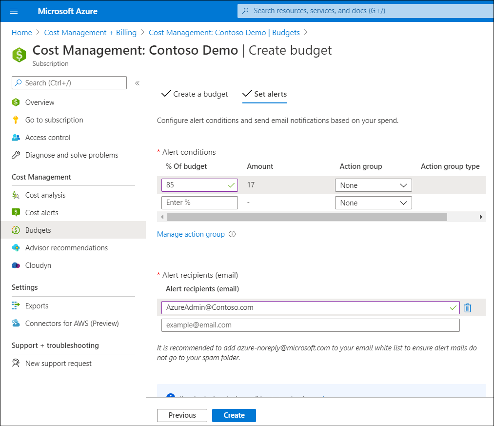Screenshot of Azure portal Set alerts tab in the Create budget blade.