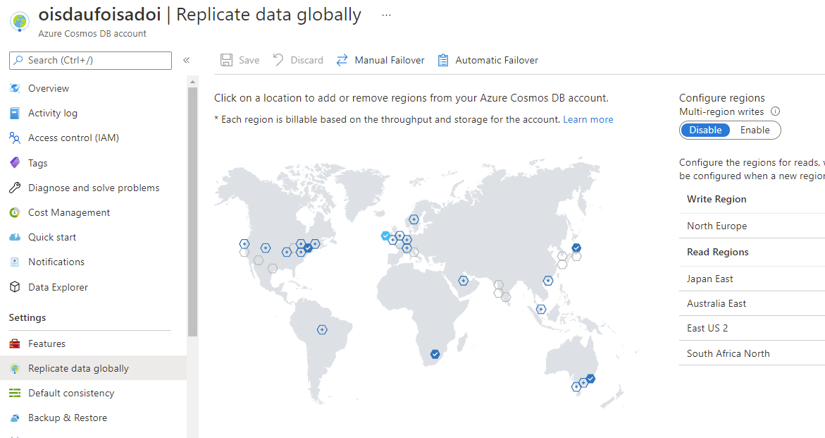 Replicate data globally pane in the Azure portal with a map control