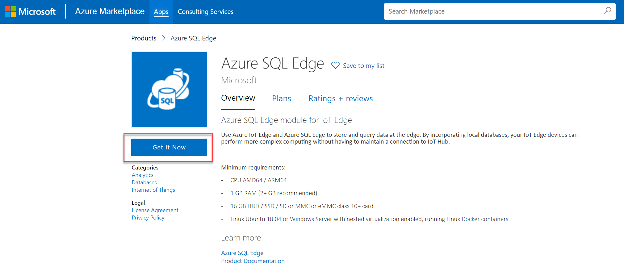 The Azure SQL Edge module overview screen displays with the Get It Now button highlighted.