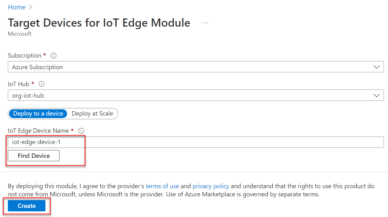 A form displays prompting for IoT Edge Device Name. The Create button is highlighted.