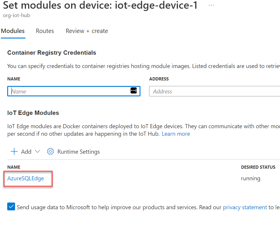 The IoT Edge Modules list displays with the AzureSQLEdge module highlighted.
