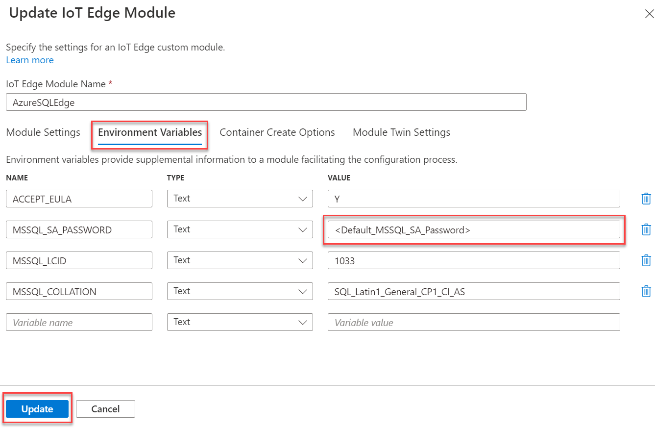 The IoT Edge Module Environment Variables tab is selected along with the value for MSSQL_SA_PASSWORD. The Update button is highlighted.