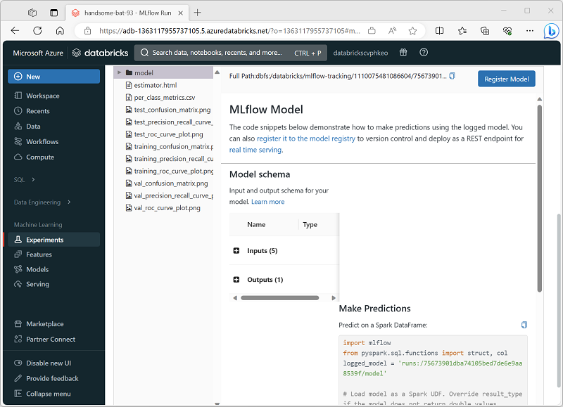 Een schermopname van de Azure Databricks-portal voor machine learning.
