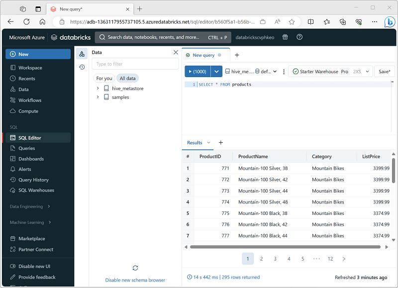 Een schermopname van de Azure Databricks-portal voor SQL.