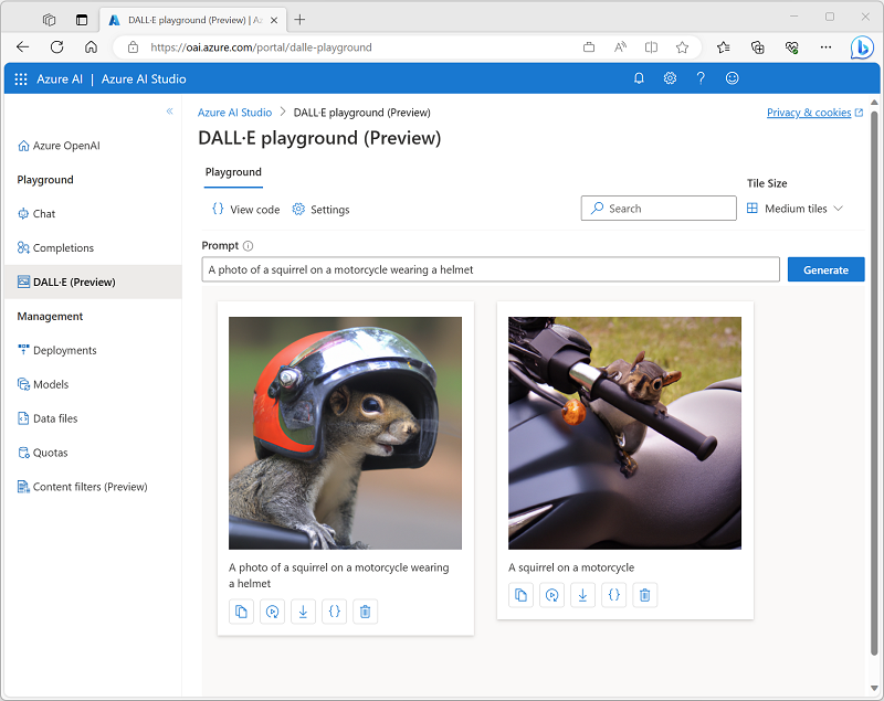 A screenshot of the DALL-E playground in Azure OpenAI Studio.