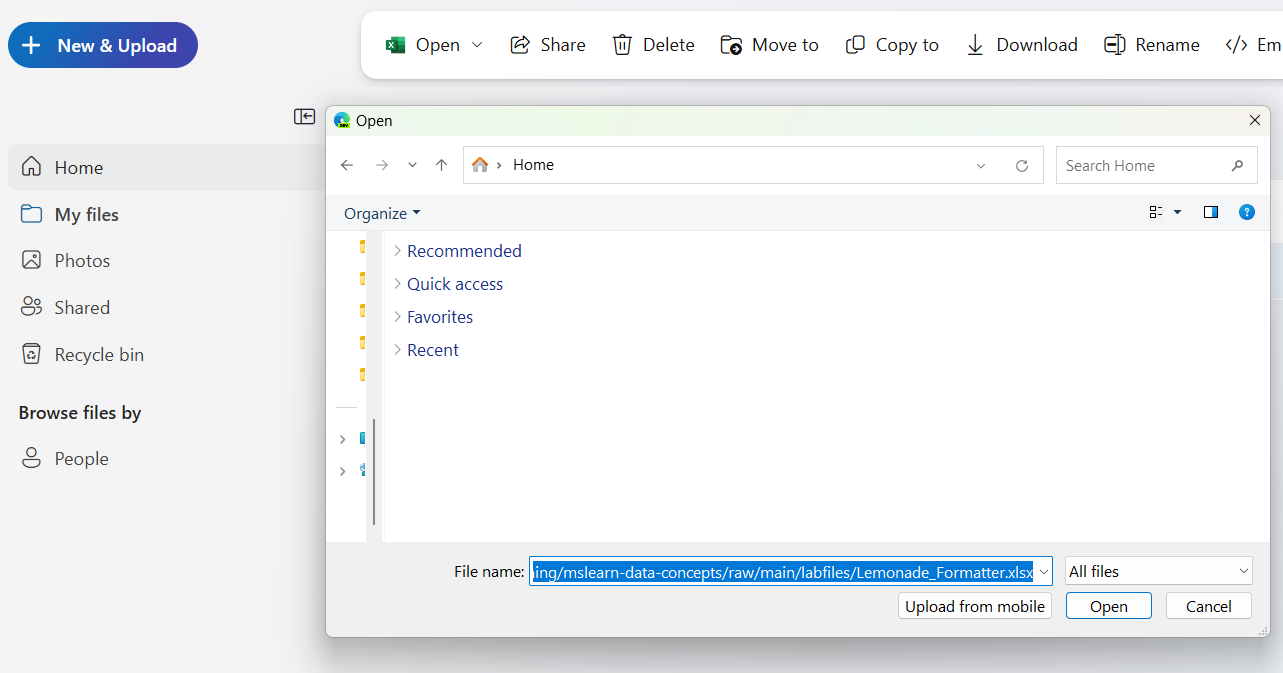 Screenshot of uploading a file to One Drive.