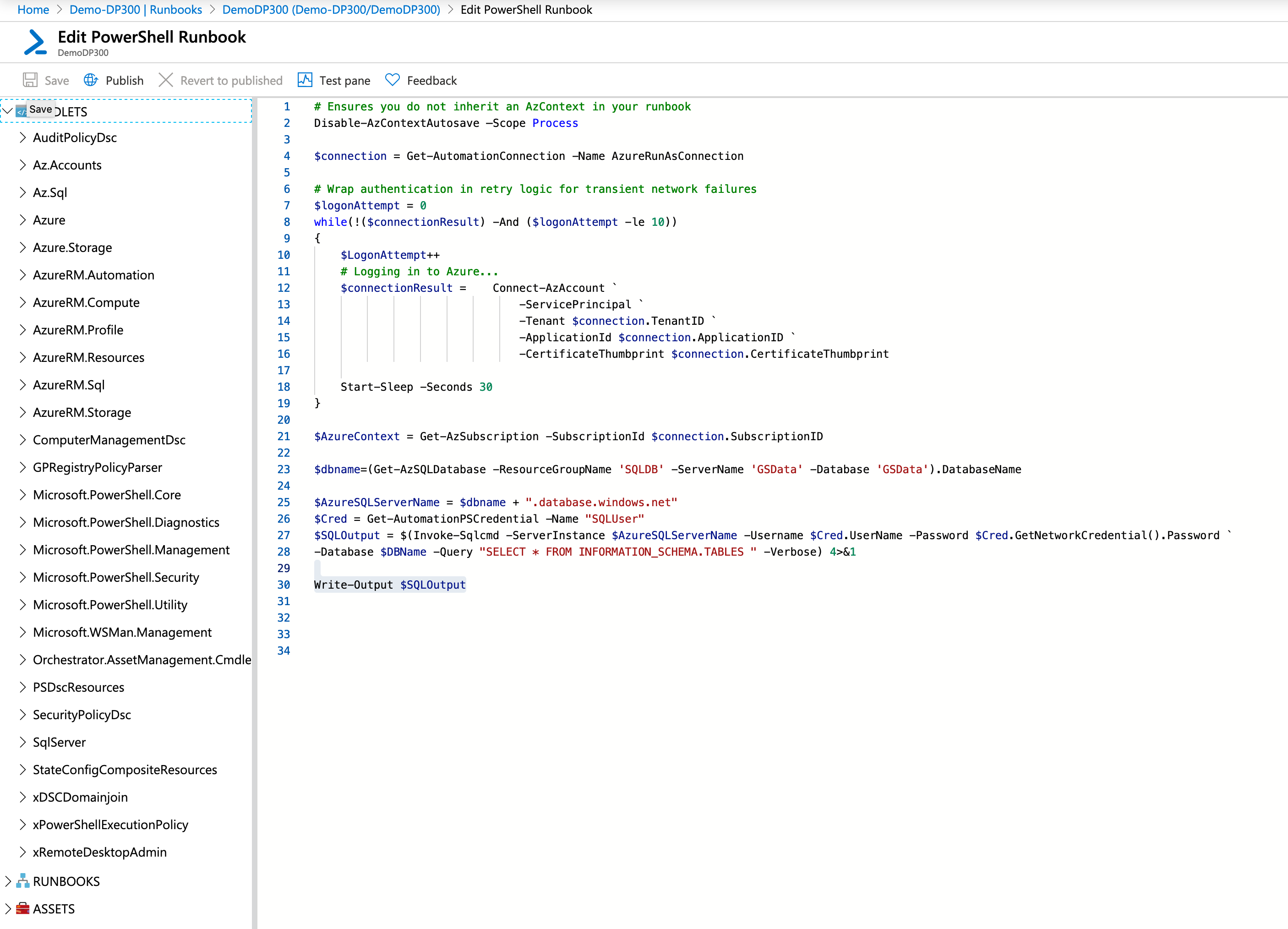 Schermopname van het Azure Automation-voorbeeldrunbook.
