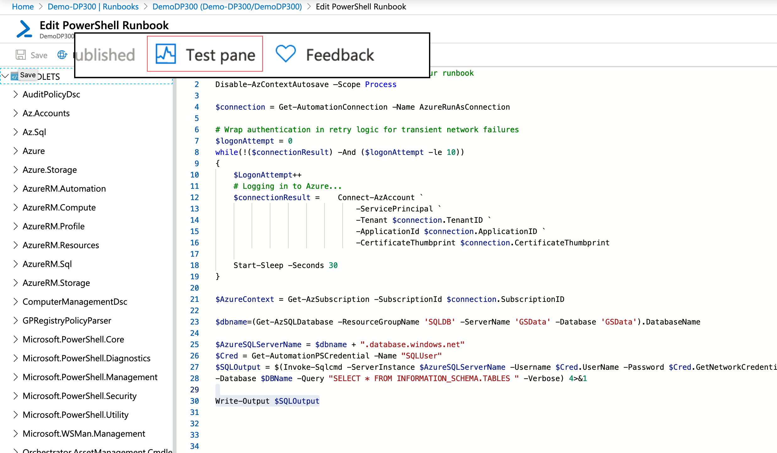 Schermopname van een voltooid testrunbook in Azure Portal.