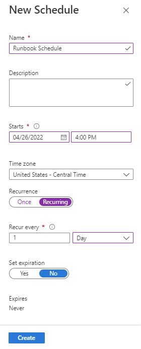 Screenshot of the create schedule page in Azure Automation.