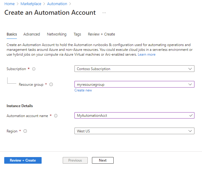 Screenshot of how to create an Automation Account in the Azure portal.