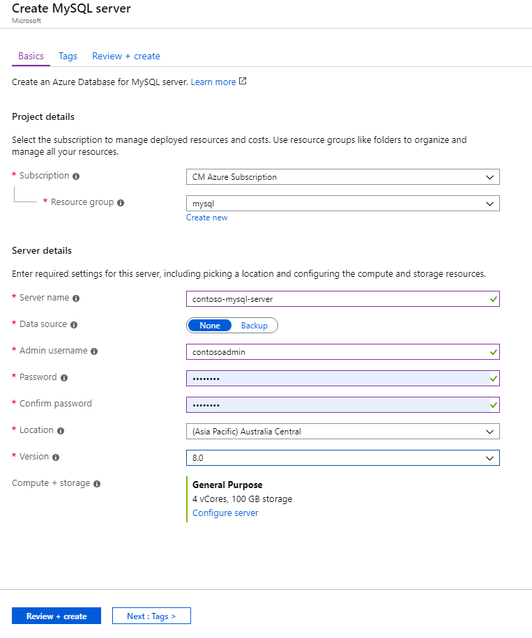 Schermopname van een voorbeeldconfiguratie voor Azure Database for MySQL in Azure Portal.