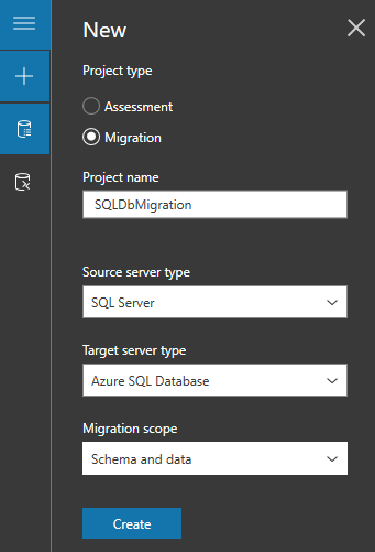 Schermopname die laat zien hoe u een nieuw migratieproject initieert in Data Migration Assistant.