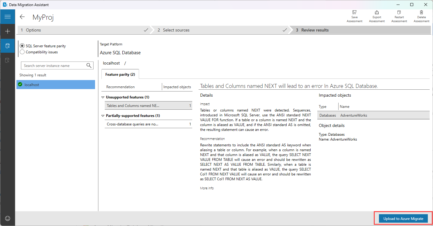 Schermopname van het uploaden van een Data Migration Assistant-evaluatie naar Azure Migrate.