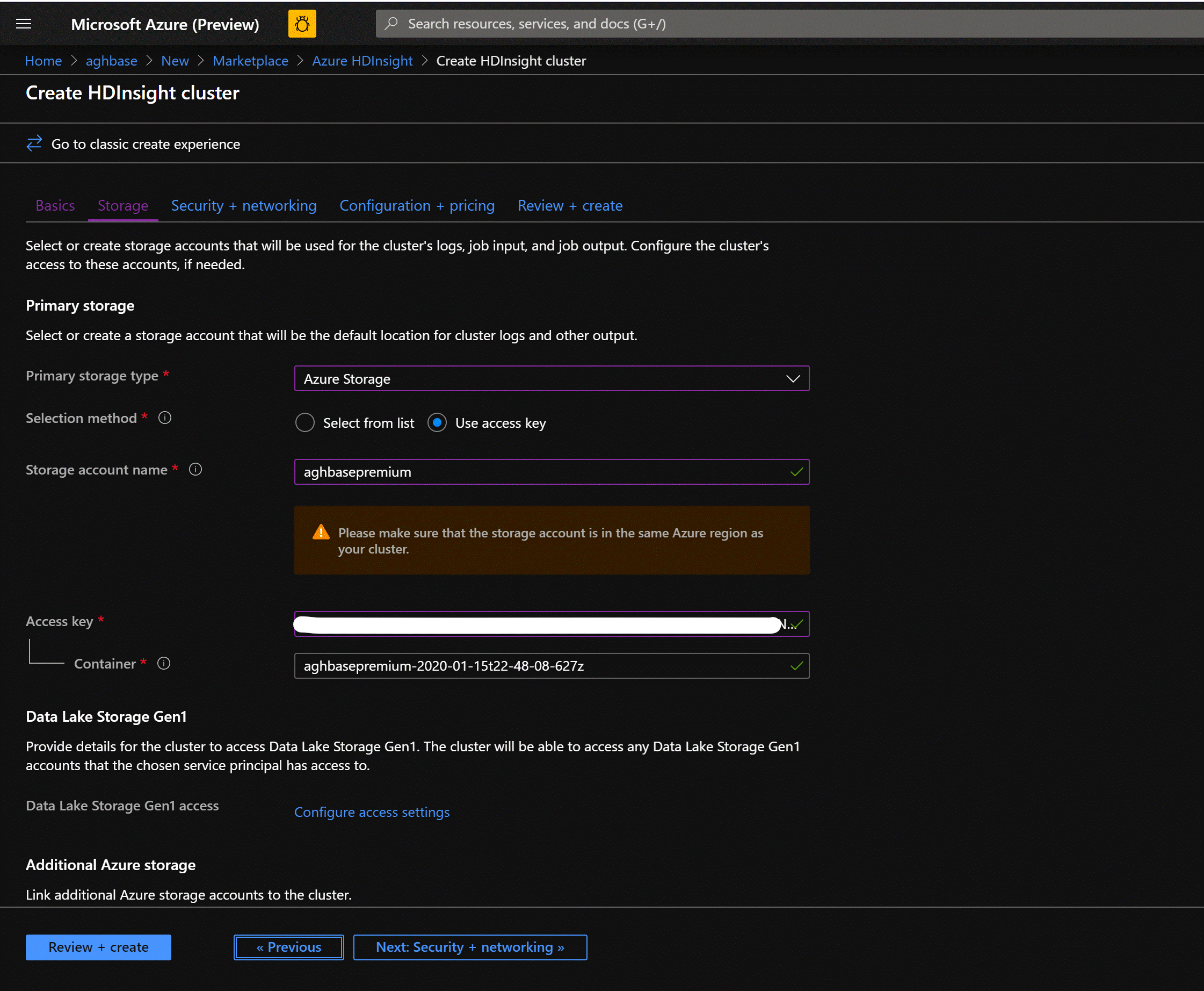 Defining a storage account within the Create HDInsight cluster screen.