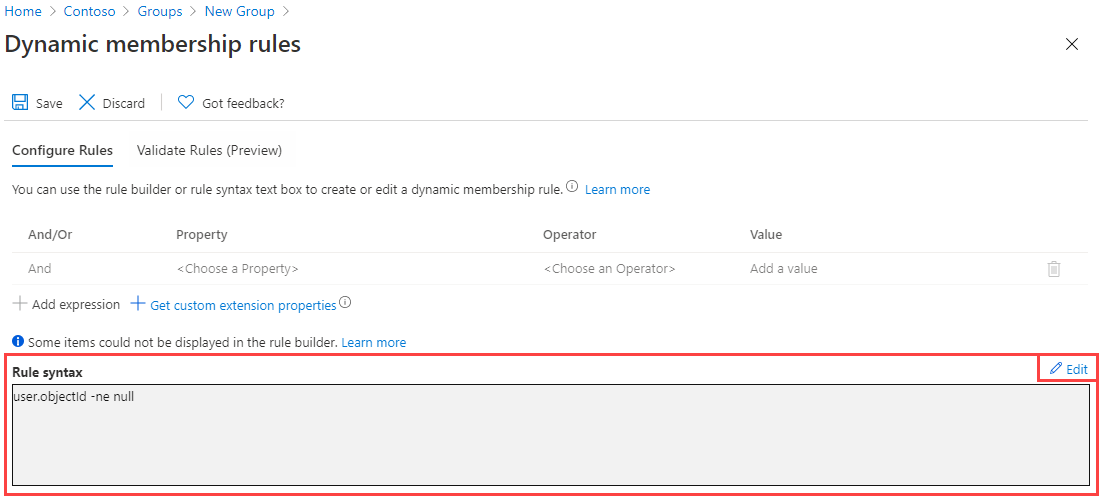 Screenshot of the dynamic group membership rules screen with rule syntax highlighted. Exist in Microsoft Entra ID.