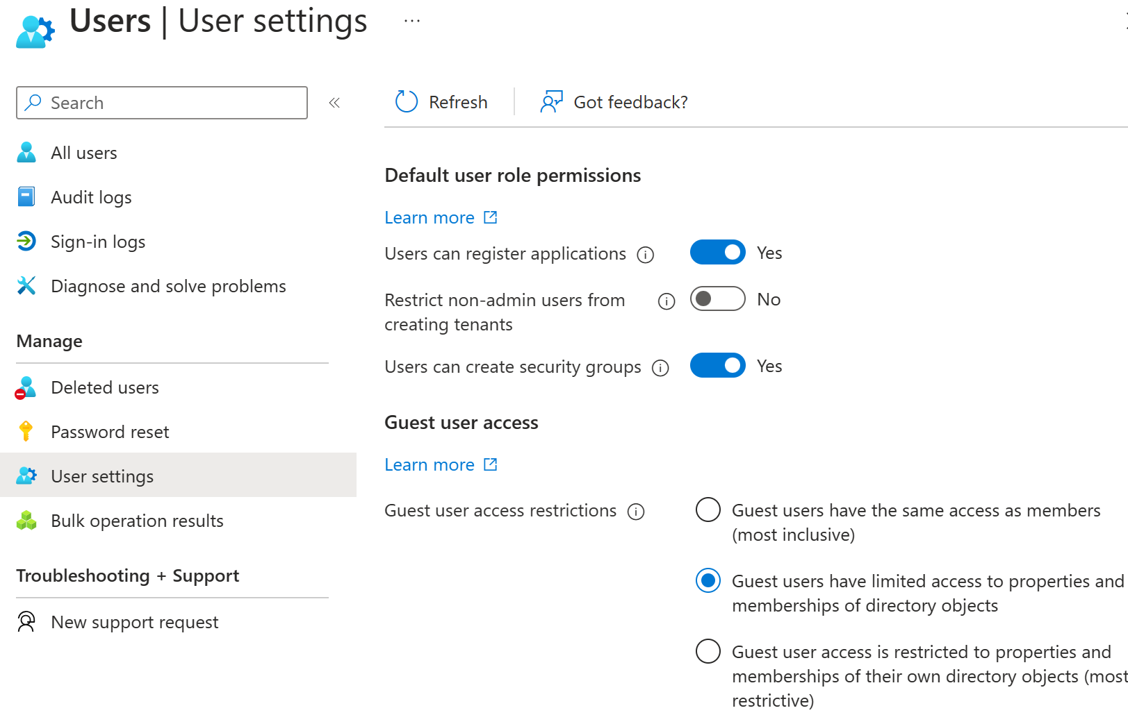 Screenshot of the External users option in the user settings. Choose what restrictions are set for external users.