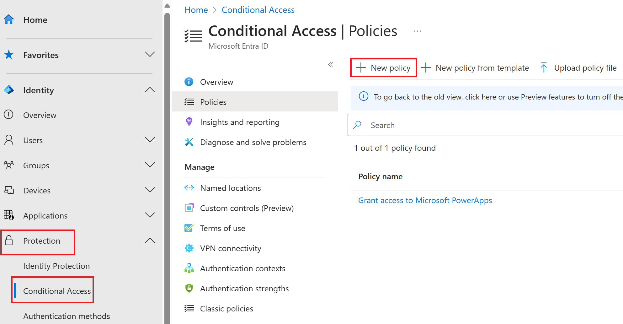 Schermopname van de Conditional Access-blade met Nieuw beleid gemarkeerd.