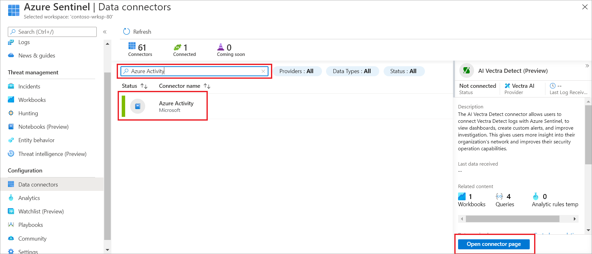 Schermopname van de pagina Microsoft Sentinel Data Connectors.