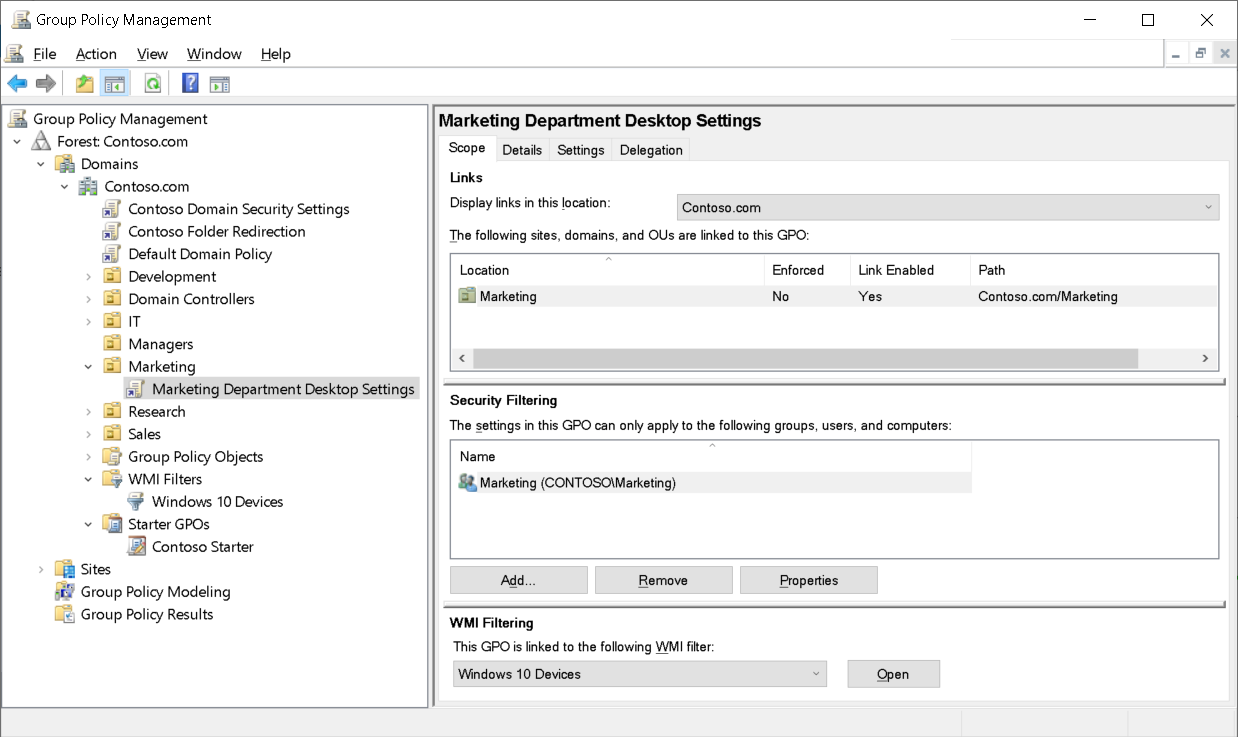 Een schermopname van de console Groepsbeleidsbeheer. De beheerder heeft een groepsbeleidsobject geselecteerd dat is gekoppeld aan de organisatie-eenheid Marketing. Weergegeven in het detailvenster is een WMI-filter met de naam Windows 10-apparaten en een beveiligingsfilter dat is ingesteld op de groep Marketing.
