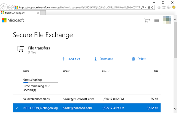 Schermopname van een voorbeeld van de pagina Secure File Exchange.