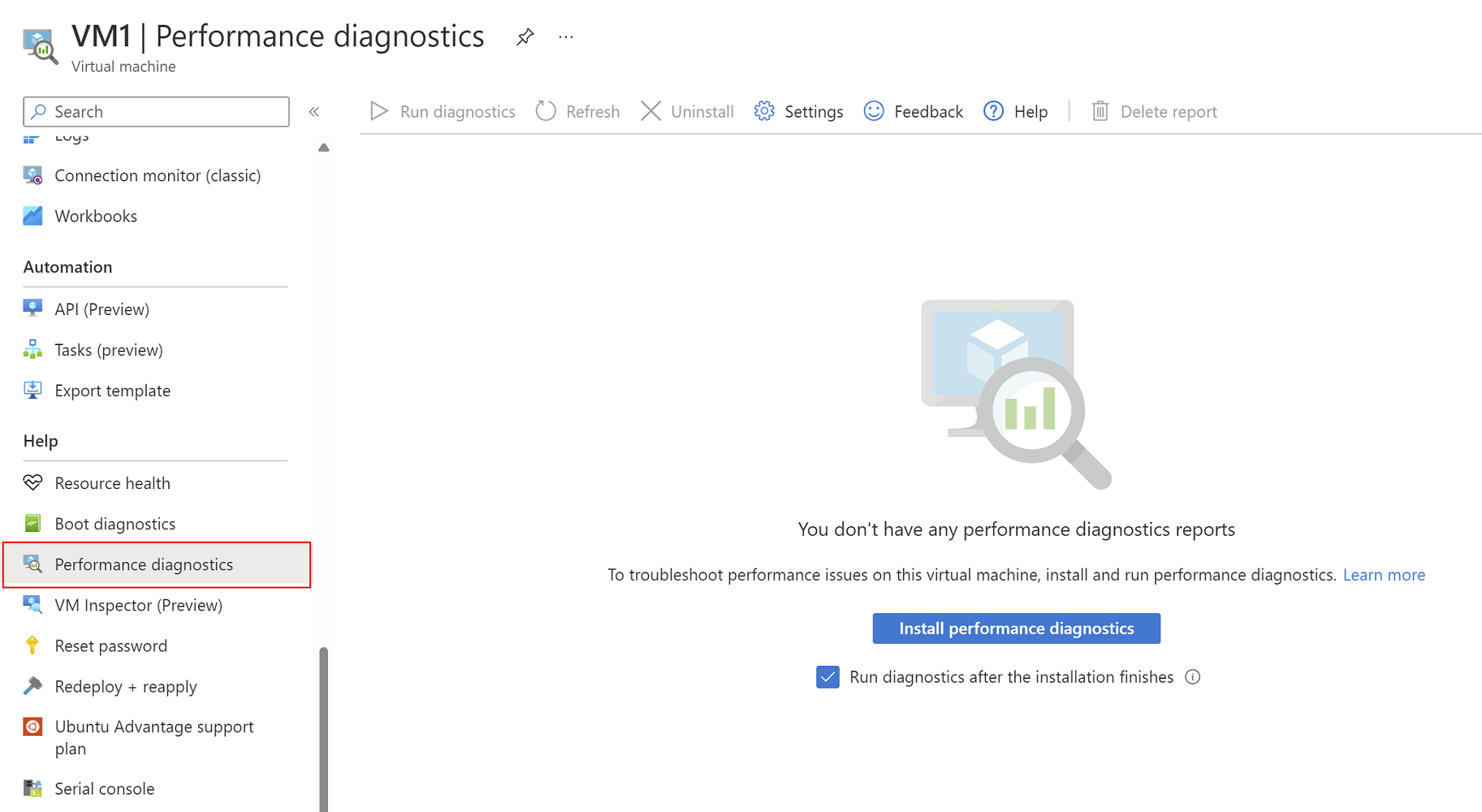 Schermopname van Azure Portal, met de knop Prestatiediagnose installeren gemarkeerd.