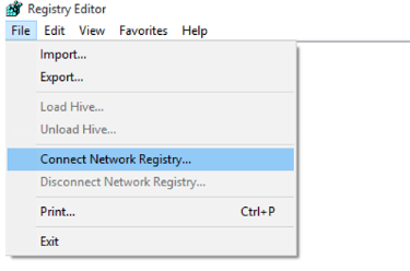 Schermopname van het netwerkregister verbinden... in het menu Bestand van Register Editor
