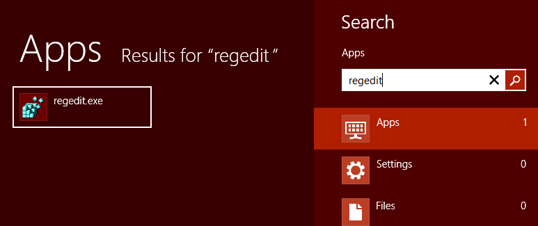 Schermafbeelding toont de zoekresultaten voor regedit.exe.