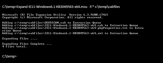 Schermopname van de uitvoer van de opdracht voor het extraheren van Internet Explorer 11 CSU.
