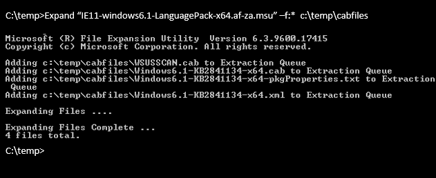 Schermopname van de uitvoer van de opdracht voor het extraheren van het taalpakket voor Internet Explorer 11.