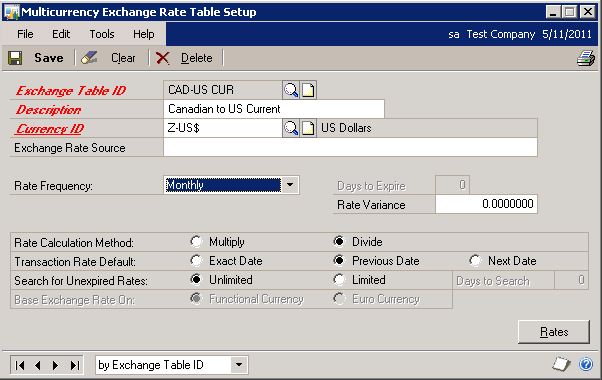 Schermopname van het venster Multicurrency Exchange Rate Table instellen voor een huidige tabel.