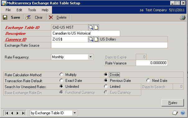 Schermopname van het venster Multicurrency Exchange Rate Table instellen voor een historische tabel.