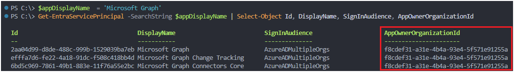 Schermopname van de uitvoer van een aanvraag om de Microsoft Entra-service-principal weer te geven via Microsoft Entra PowerShell.