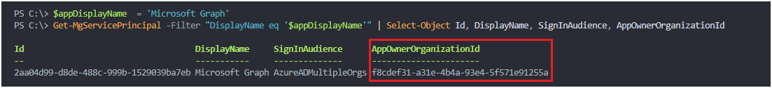 Schermopname van de uitvoer van een aanvraag om de Microsoft Entra-service-principal weer te geven via Microsoft Graph PowerShell SDK.