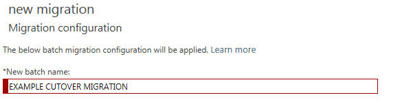 Schermopname van de pagina Migratieconfiguratie voor cutover-migratie.