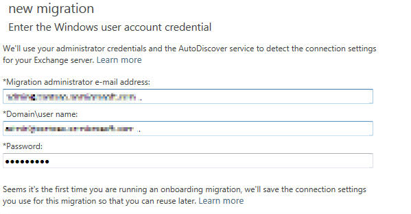 Schermopname van de pagina Referenties voor het Windows-gebruikersaccount invoeren voor cutover-migratie.