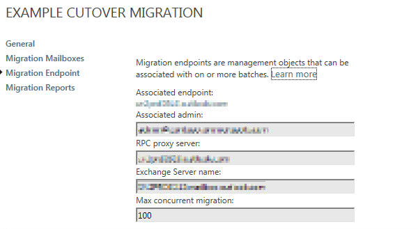 Schermopname van de pagina Cutover-migratievoorbeeld.