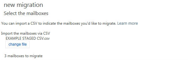 Schermopname van de pagina Postvakken selecteren voor gefaseerde migratie.