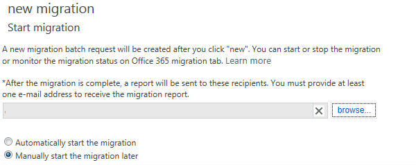 Schermopname van de pagina Start migratie voor IMAP-migratie.