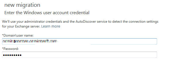 Schermopname van de pagina waar u de gebruikersaccountgegevens voor Windows invoert voor de gefaseerde migratie.