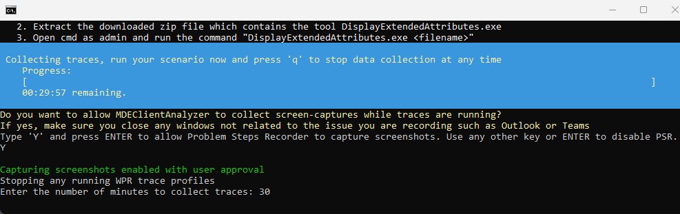 Schermopname van de blauwe banner die wordt weergegeven in de console om aan te geven dat het verzamelen van gegevens is gestart.