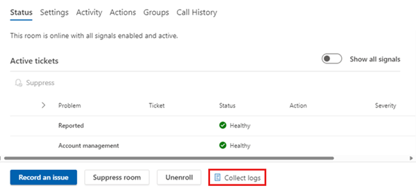 Screenshot van het deelvenster Ruimte met de knop 'Logboeken Verzamelen'.