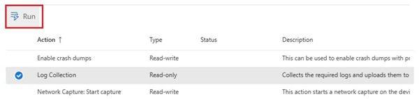 Schermopname van het kamervenster dat de actie Logboekverzameling toont.
