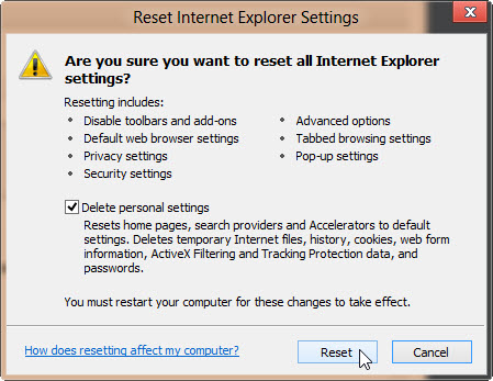 Schermopname van het venster Instellingen voor Internet Explorer opnieuw instellen.