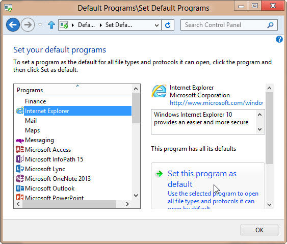 Schermopname van het venster Standaardprogramma's instellen wanneer u Internet Explorer selecteert in de lijst met programma's.
