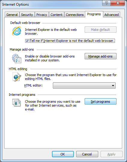 Schermopname van de optie Programma's instellen in Internetopties in IE9.