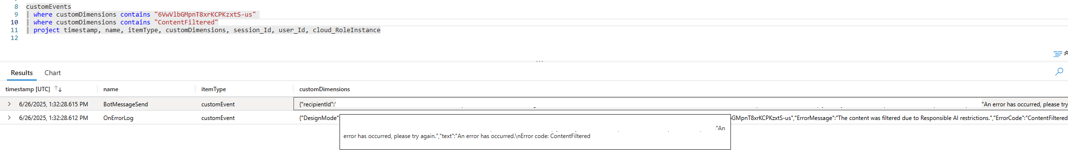 Schermopname van een Azure Application Insights-tabel die is gefilterd op een KQL-query om te valideren op basis van een specifieke gespreks-id.