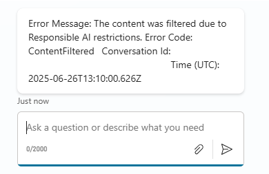 Schermopname van een foutberichtwaarschuwing dat de inhoud is gefilterd vanwege verantwoordelijke AI-beperkingen.